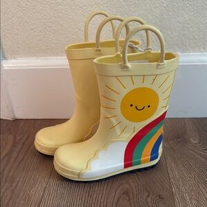 Kids Yellow Rain Boots with Rainbow Design